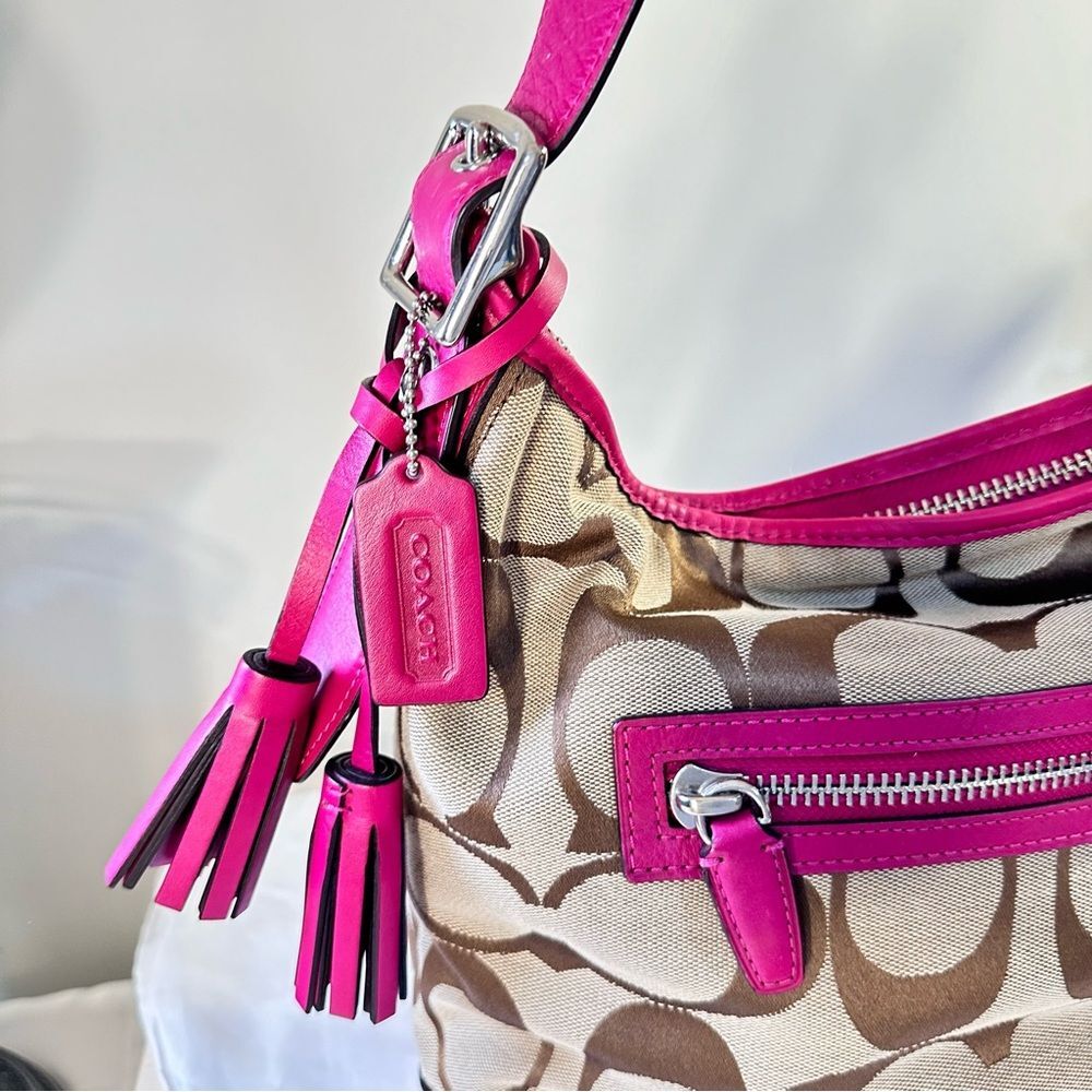 COACH Signature Tan And Pink Stripe Shoulder Bag Purse - Picture 14 of 16